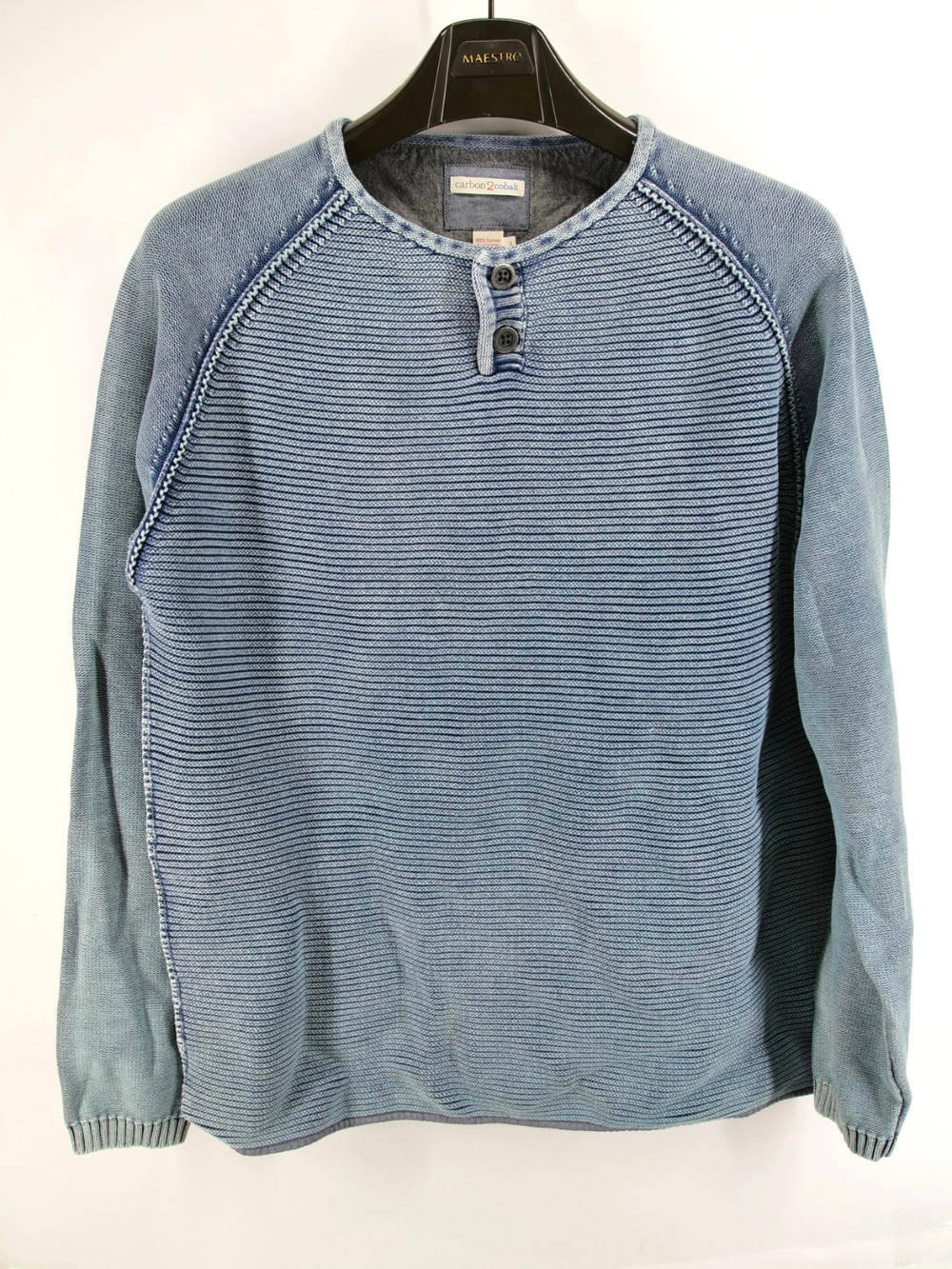 Carbon 2 Cobalt Men Blue Henley Crewneck Knit Ribbed Sweater L Gorpcore Casual